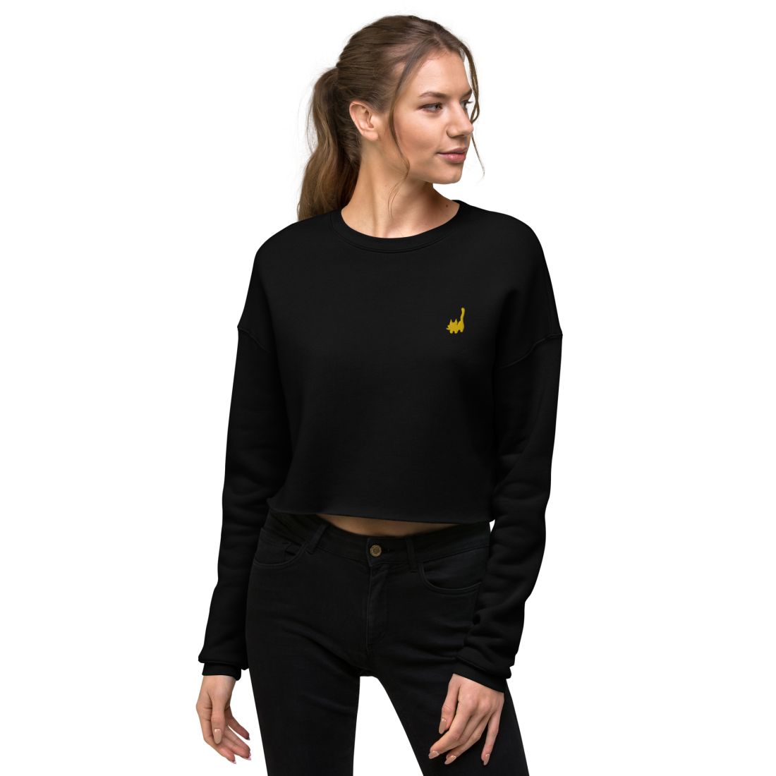 Sweat Crop Top chat brodé jaune